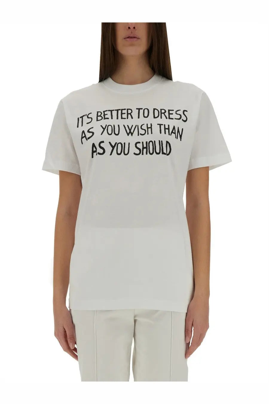 Moschino women’s white cotton t-shirt with black printed text it’s better to dress as you wish than as you should