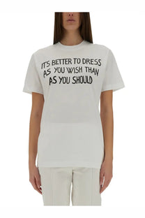 Moschino women’s white cotton t-shirt with black printed text it’s better to dress as you wish than as you should