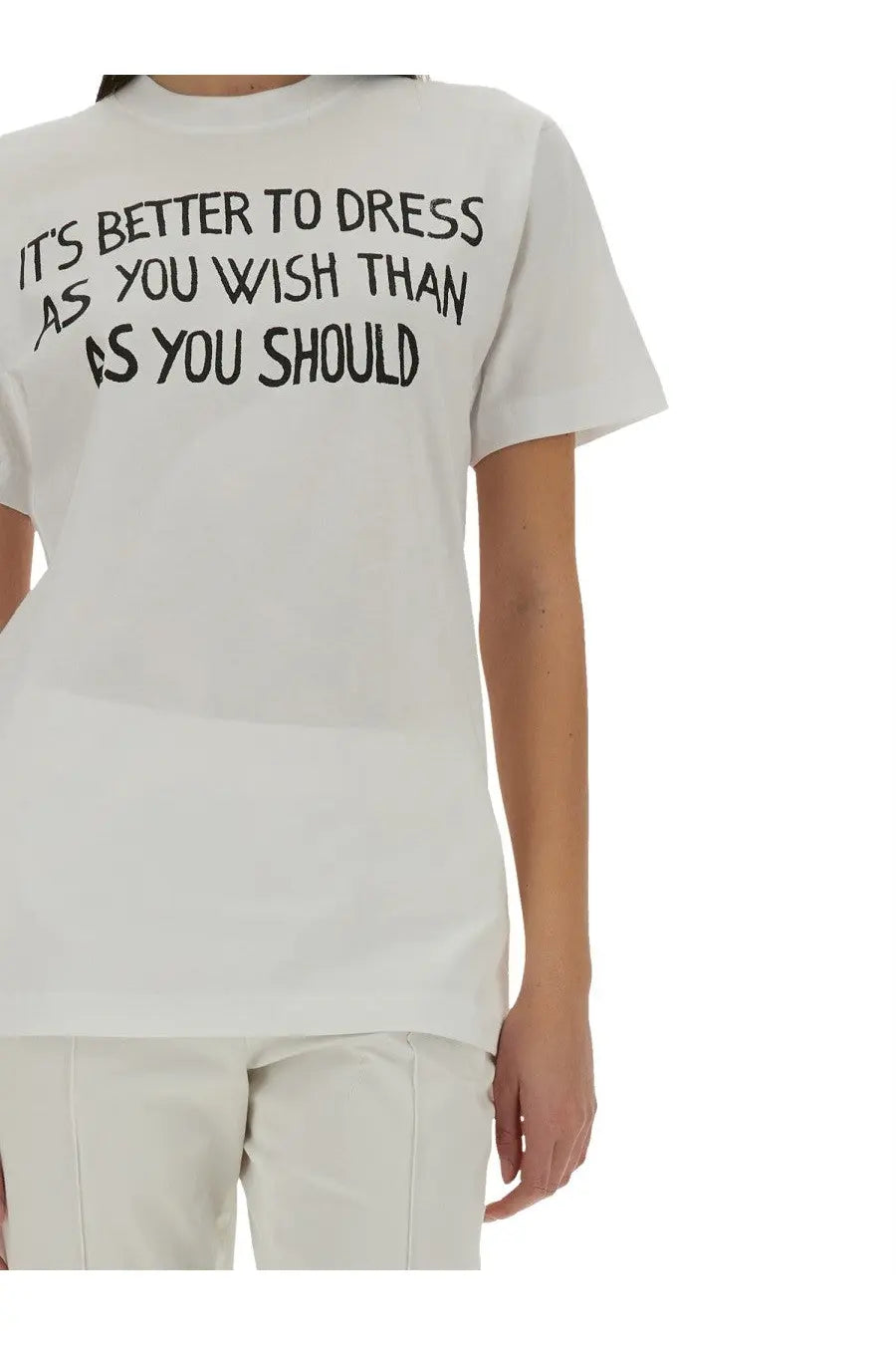 Moschino women’s white cotton t-shirt with black printed text it’s better to dress as you wish than as you should