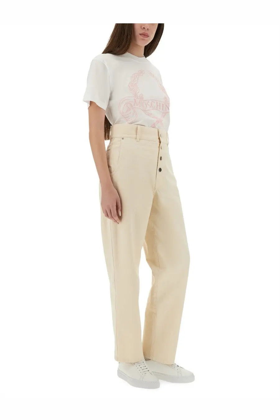 Moschino women’s cream-colored high-waisted trousers with button-front design and white shirt visible