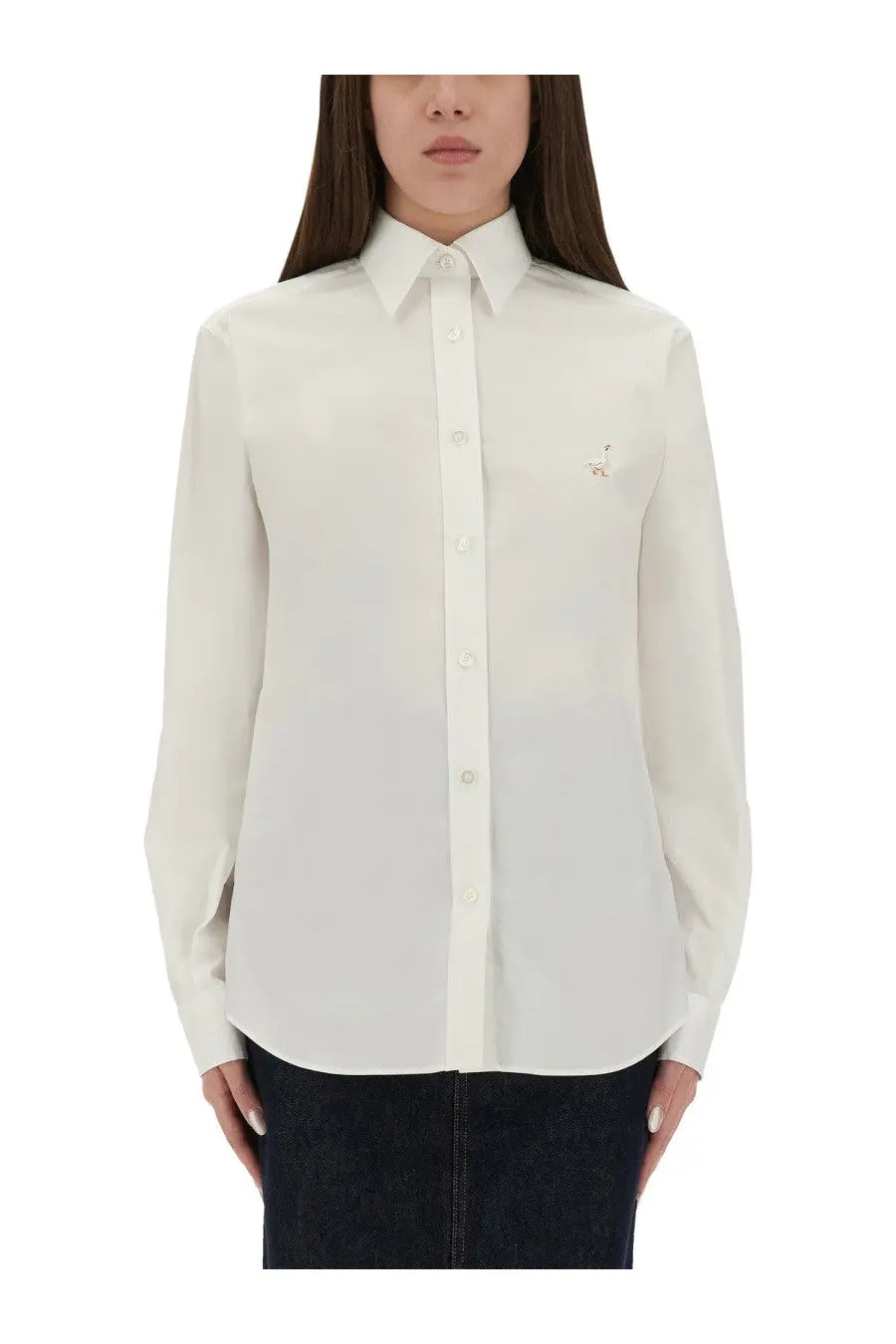 Moschino women’s white crisp button-down shirt with subtle embroidered chest detail perfect for formal wear