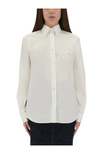 Moschino women’s white crisp button-down shirt with subtle embroidered chest detail perfect for formal wear