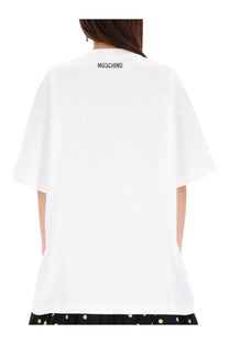 White Moschino oversized t-shirt with black logo at the neckline for women casual wear