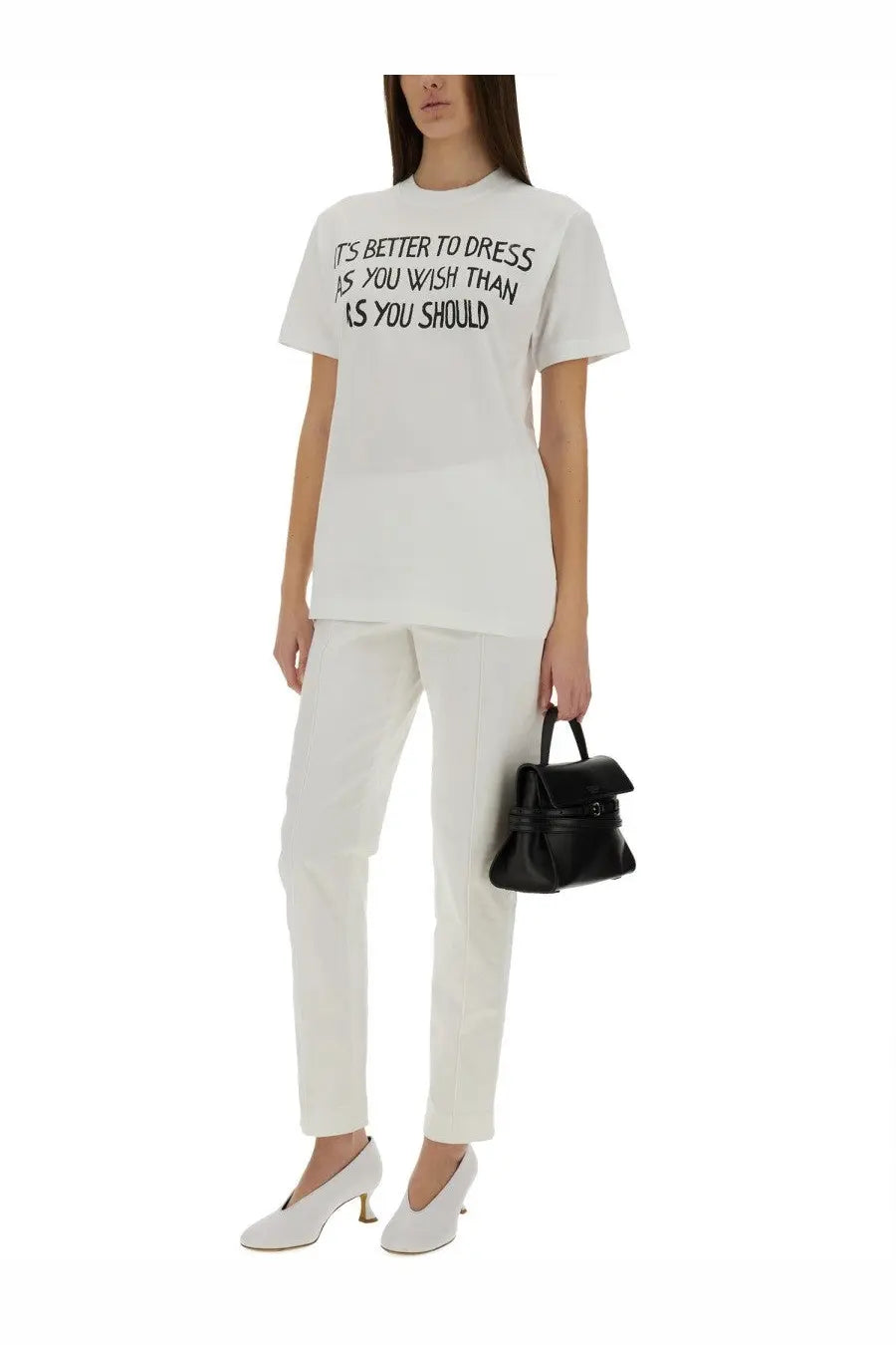 Moschino women’s white cotton short-sleeved t-shirt with black printed text about dressing as you wish