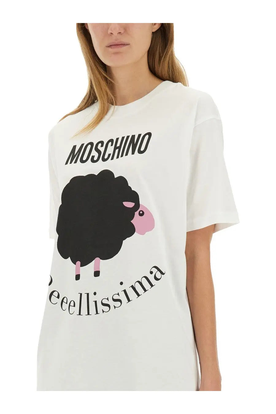 Moschino women’s white cotton t-shirt featuring a black sheep with pink face and bold black lettering design
