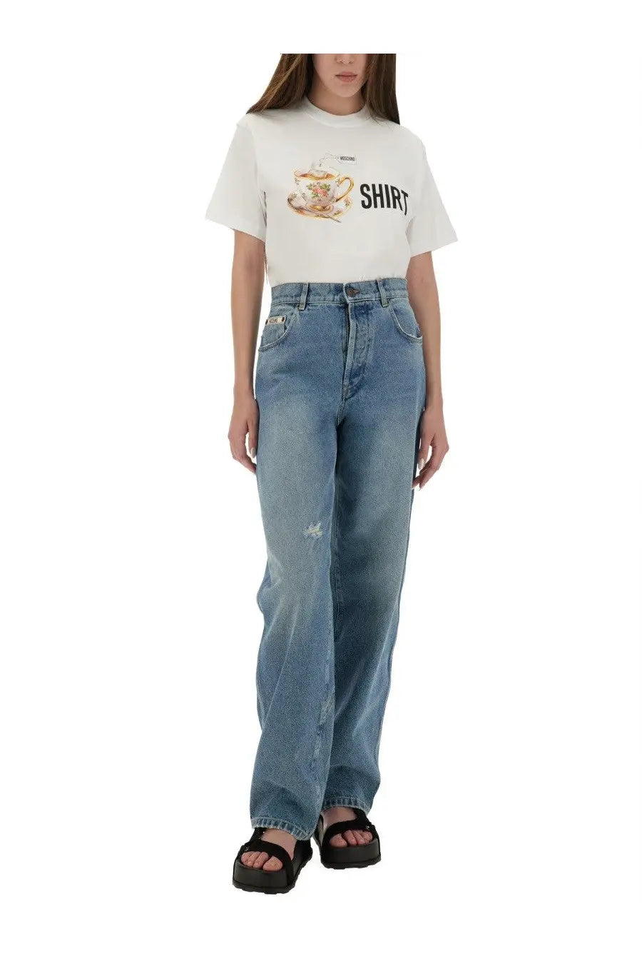 Moschino women’s white cotton t-shirt with printed tea cup and black shirt text across the chest
