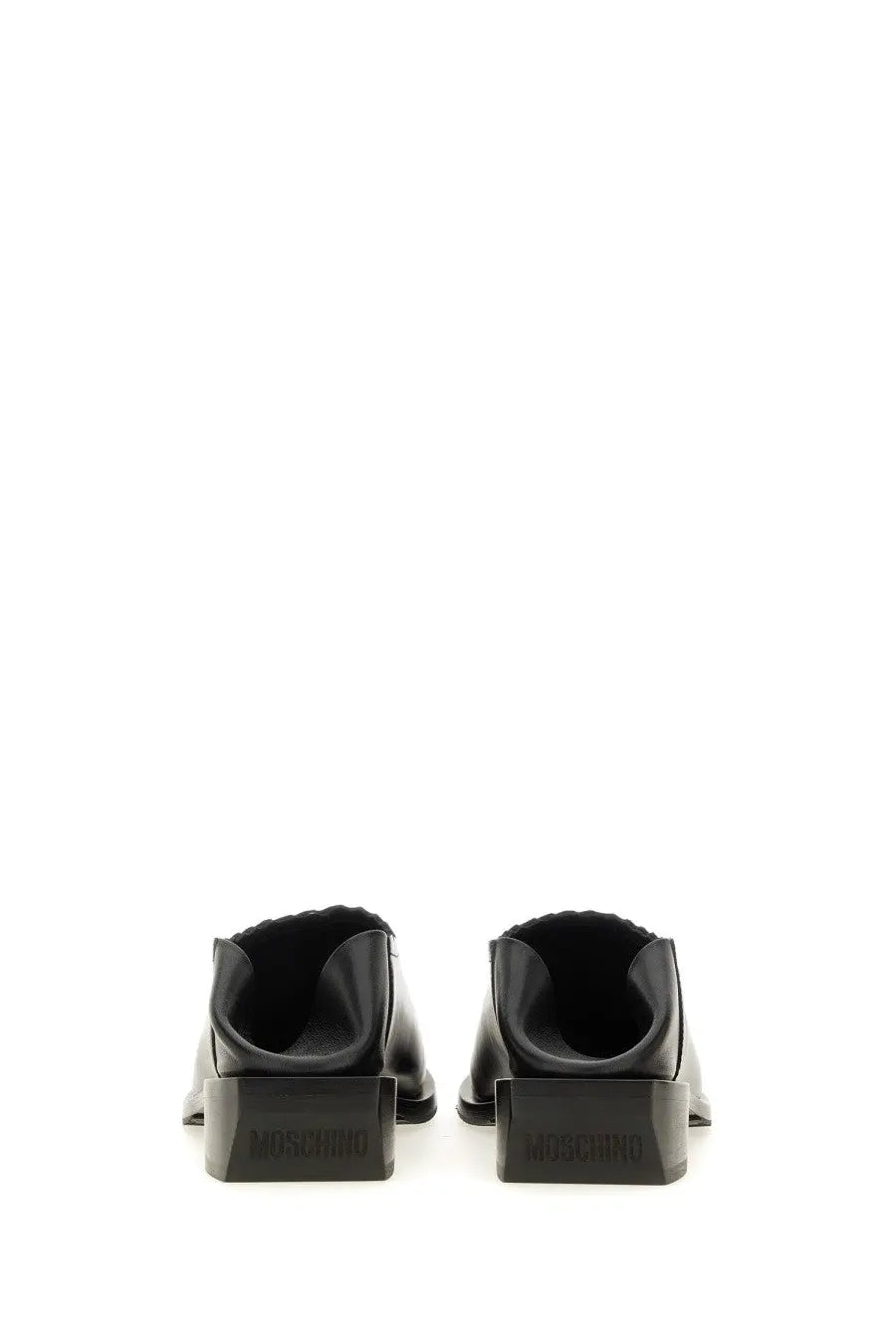 Moschino women’s shootie Cuban heel black leather loafers with a glossy finish and distinctive block heels