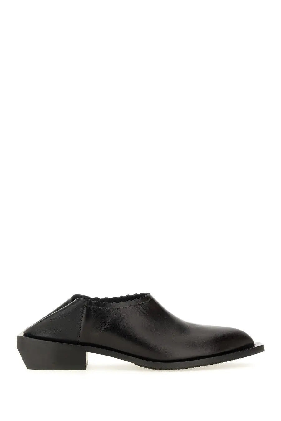 Moschino women’s black leather shootie with scalloped elasticated opening and low cuban block heel