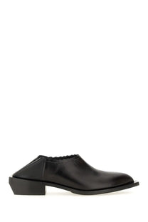Moschino women’s black leather shootie with scalloped elasticated opening and low cuban block heel