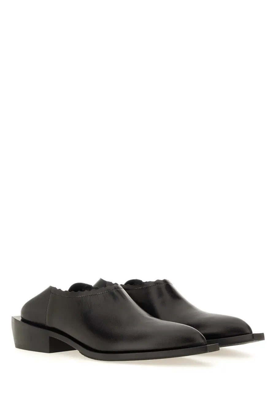 Moschino women’s black leather slip-on shootie loafers with low block cuban heel and minimalist design
