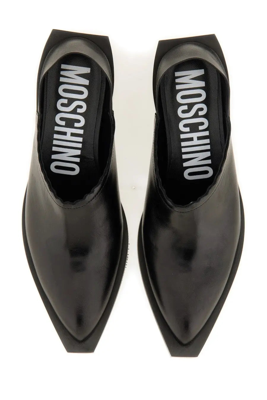 Moschino women’s shootie cuban heel black slip-on shoes with pointed toe black patent leather and white logo insole