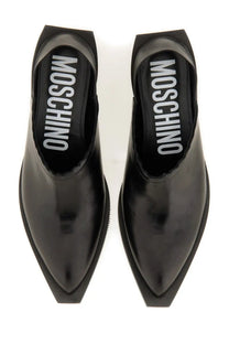 Moschino women’s shootie cuban heel black slip-on shoes with pointed toe black patent leather and white logo insole