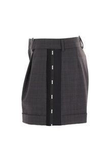 Moschino women’s dark gray plaid mini skirt with bold black vertical stripe and white branding detail
