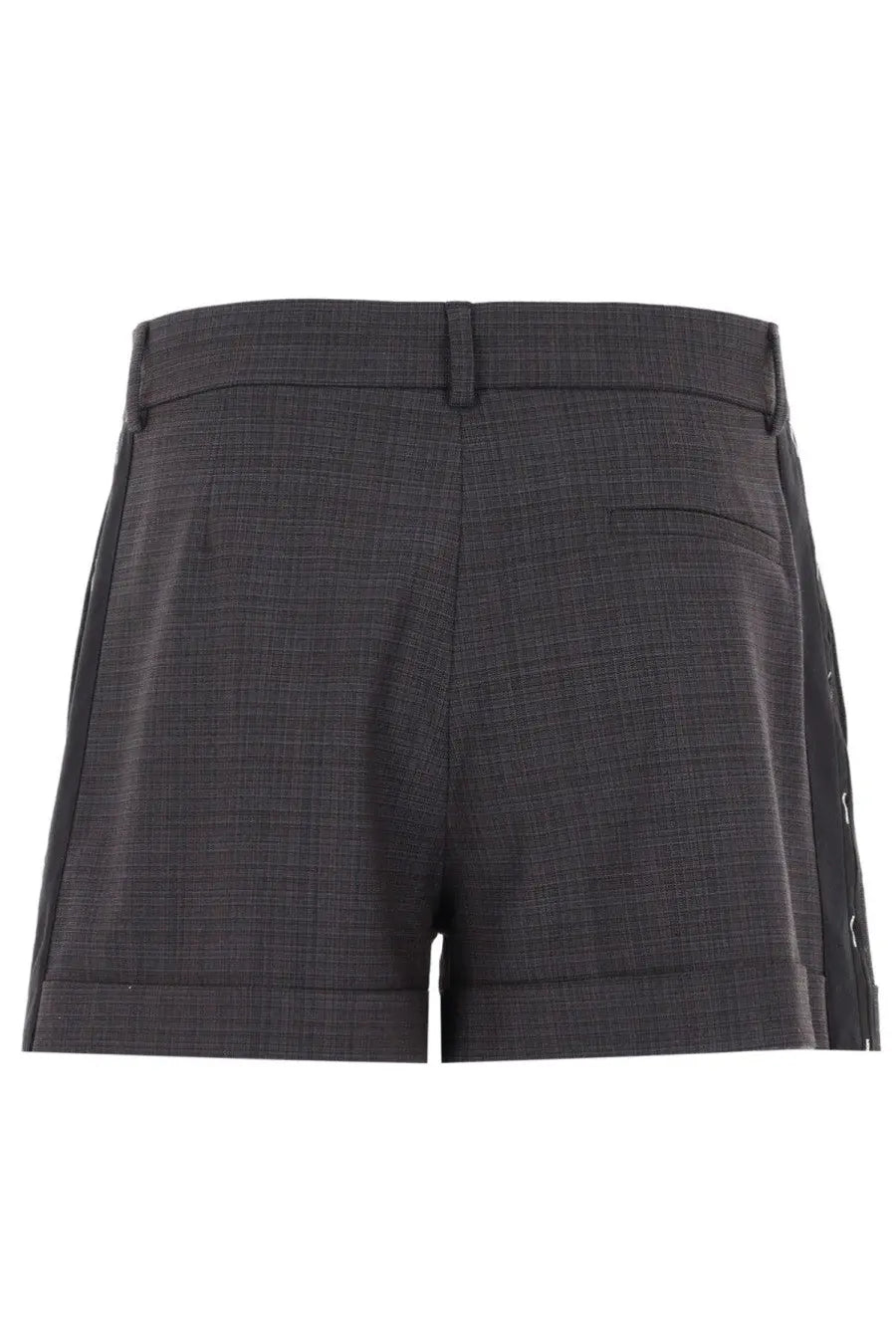 Moschino women’s dark gray shorts with subtle checkered pattern and black side stripes for casual wear