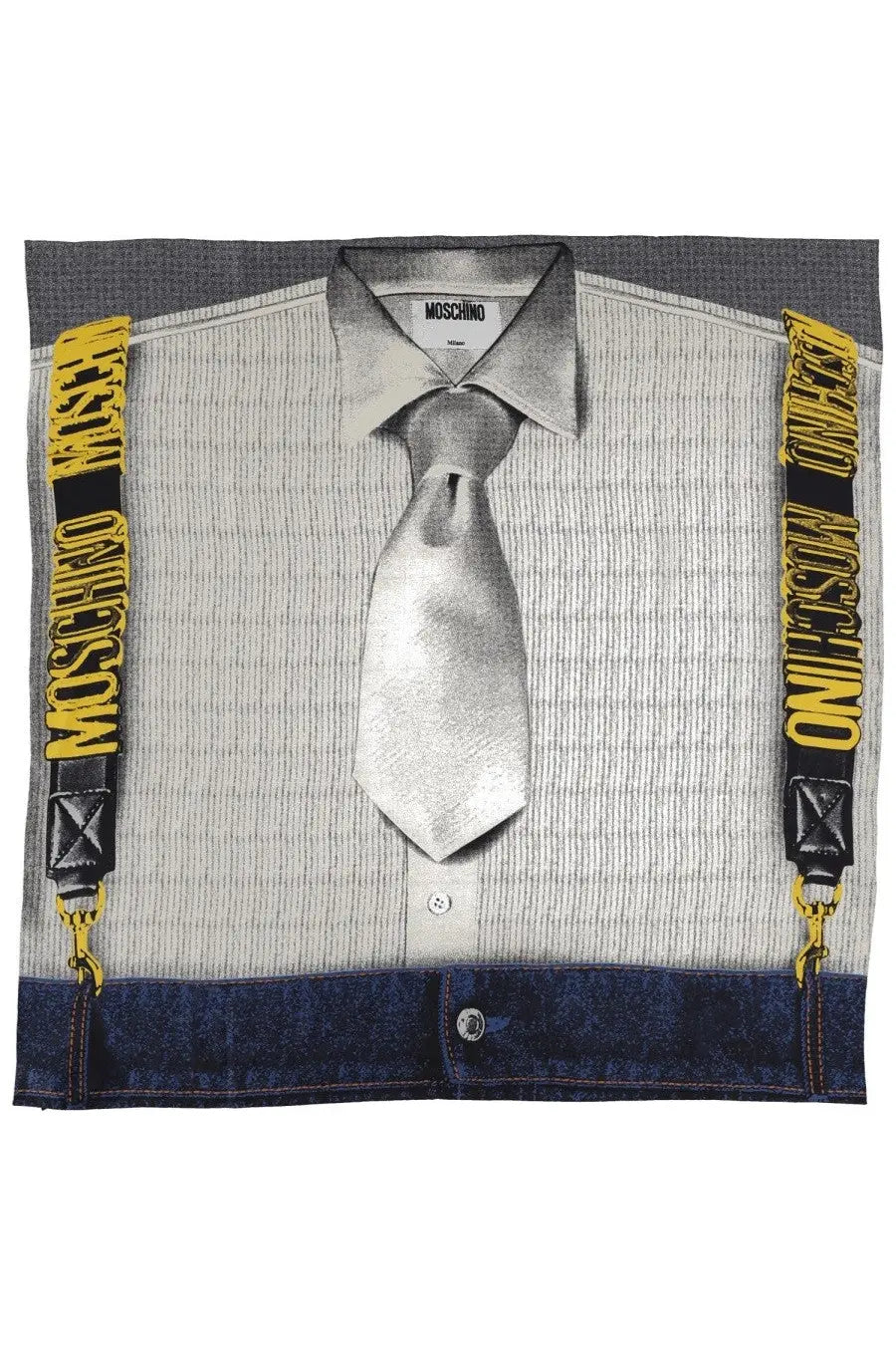 Moschino women’s multicolor silk scarf featuring a silver tie graphic with grey pinstripe and yellow logo suspenders