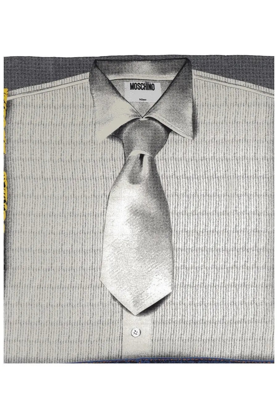 Silver metallic tie with subtle texture worn neatly knotted against striped shirt collar in moschino women’s silk scarf multicolor product