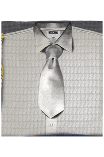Silver metallic tie with subtle texture worn neatly knotted against striped shirt collar in moschino women’s silk scarf multicolor product