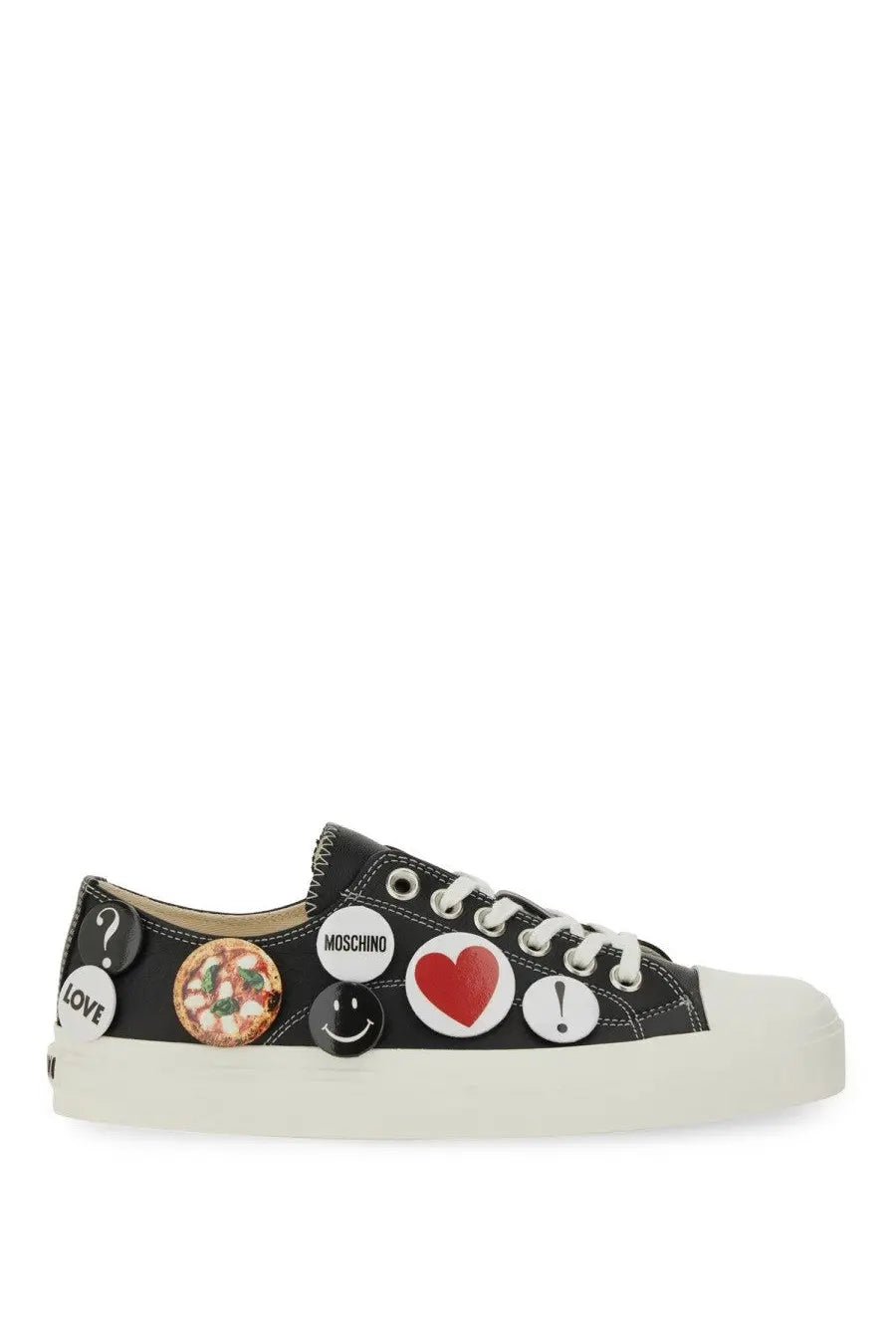 Moschino women’s black canvas low-top sneakers with white laces cream rubber sole and colorful pin badges