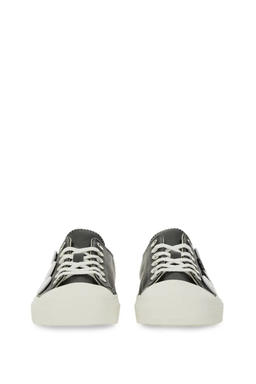 Moschino women’s sneakers black low-top leather with white laces and thick off-white rubber sole