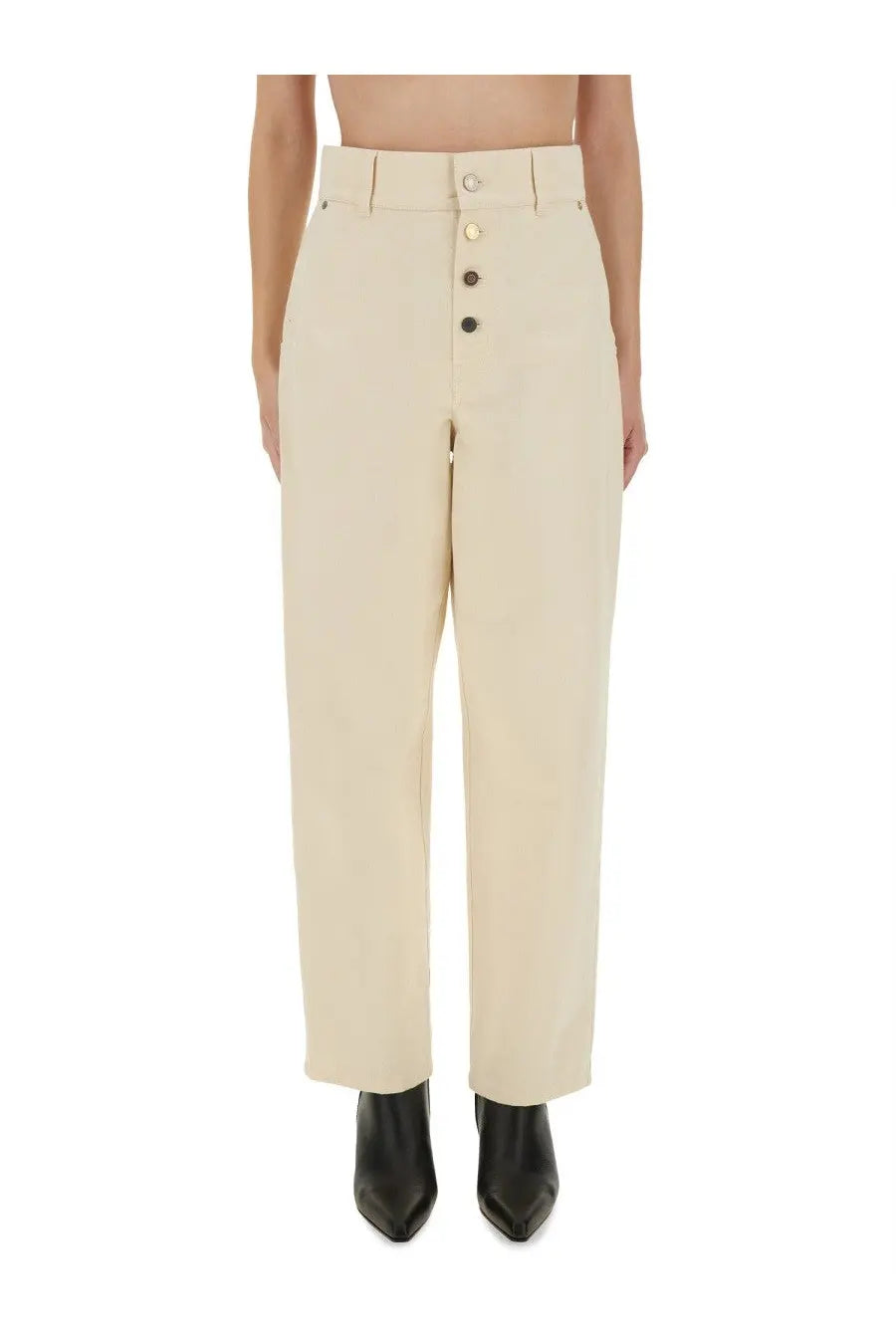 Cream-colored high-waisted Moschino straight fit jeans with button-front closure and straight-leg cut in beige