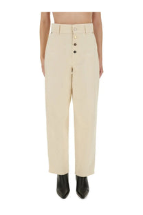 Cream-colored high-waisted Moschino straight fit jeans with button-front closure and straight-leg cut in beige