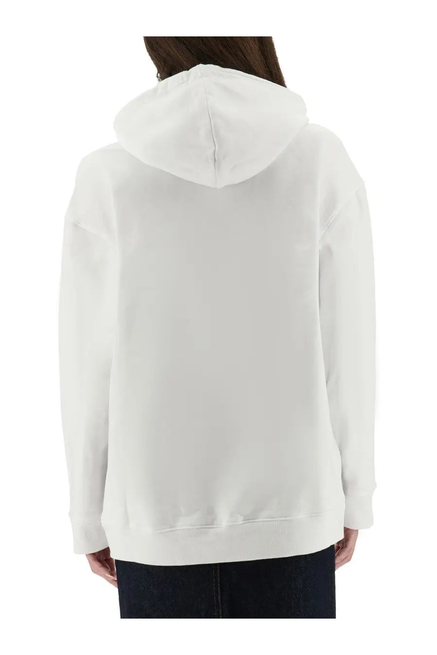 Moschino women’s white hooded sweatshirt with soft relaxed fit and ribbed cuffs made from comfortable fabric