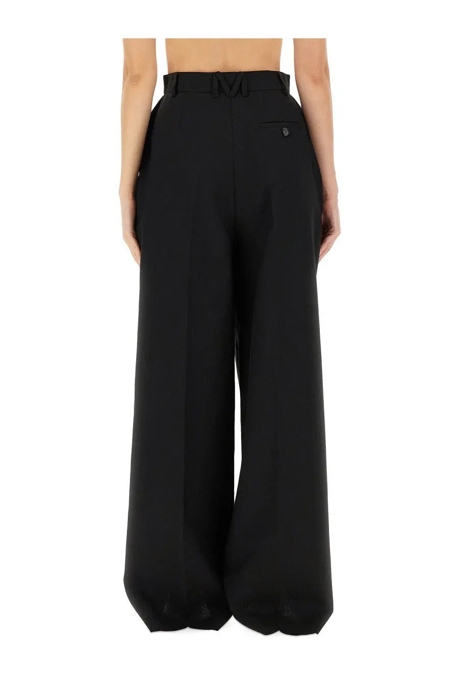 Moschino women’s tailored black wide-leg trousers with high waist and belt featuring an ornate buckle
