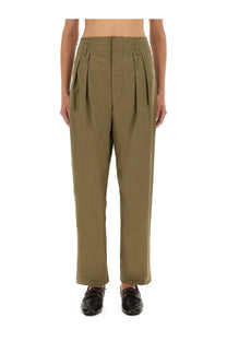 Olive green high-waisted pleated tailored pants with structured front panel and straight-leg cut by moschino women