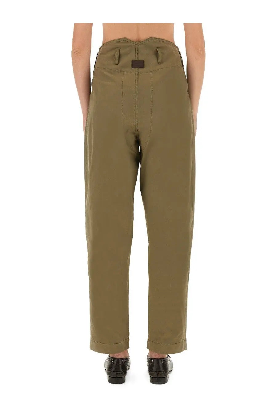 Olive green high waisted tailored pants with structured back and belt loops by moschino womens collection
