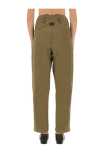 Olive green high waisted tailored pants with structured back and belt loops by moschino womens collection