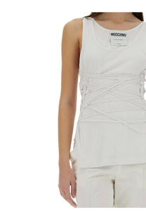 White ribbed moschino women’s tank top with crisscross lacing detail made of soft fabric for casual wear