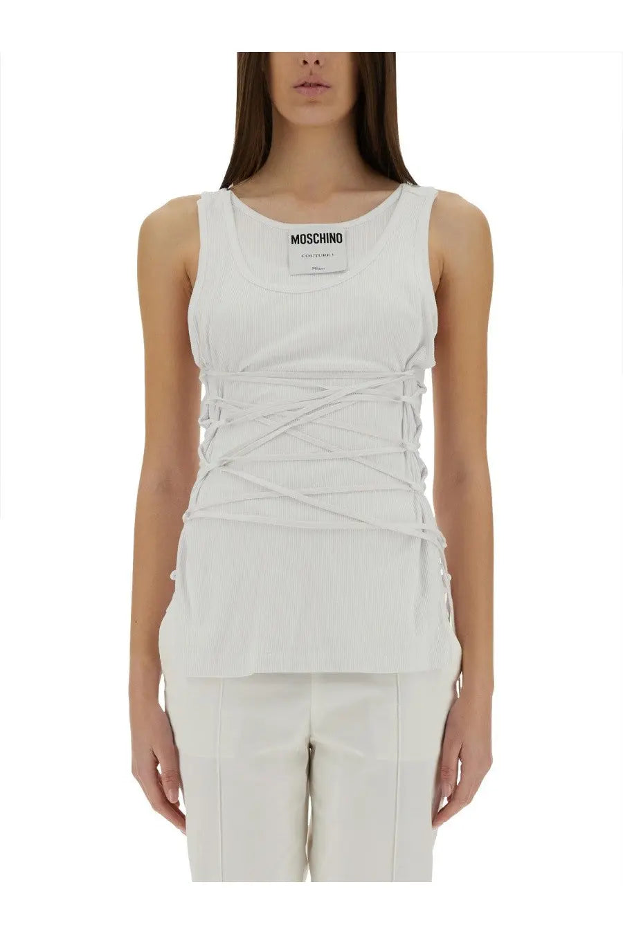 Moschino women’s white ribbed tank top with crisscross lacing detail made from soft cotton blend fabric