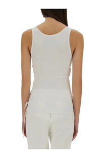 Moschino women’s white ribbed knit sleeveless tank top with rounded neckline and side ties