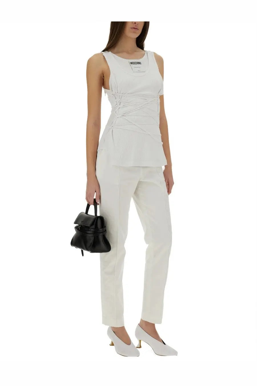 Moschino women’s white sleeveless tank top with crisscross lacing peplum hem and logo patch on chest