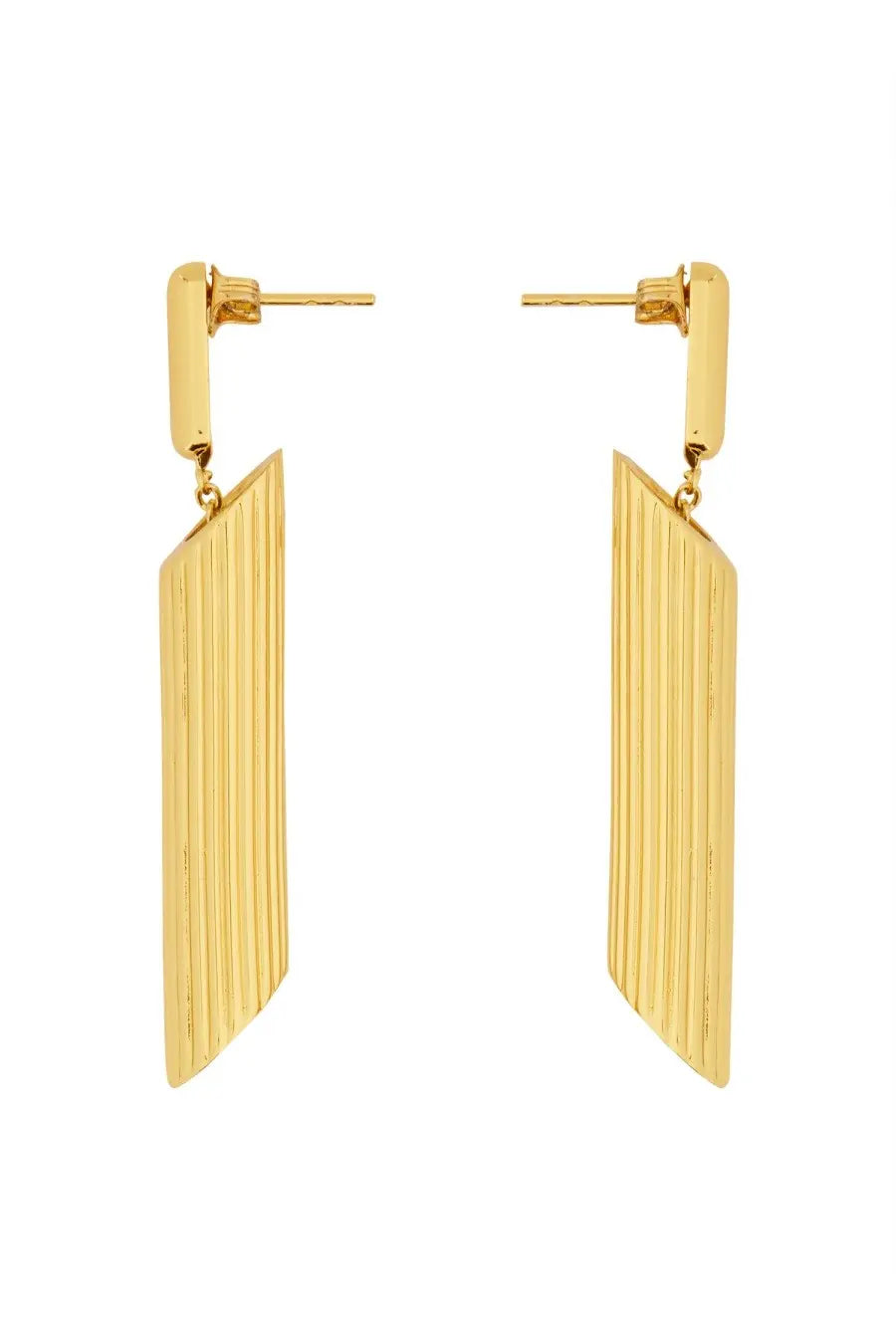 Moschino women’s gold-toned rectangular drop earrings with vertical ribbed texture and modern design