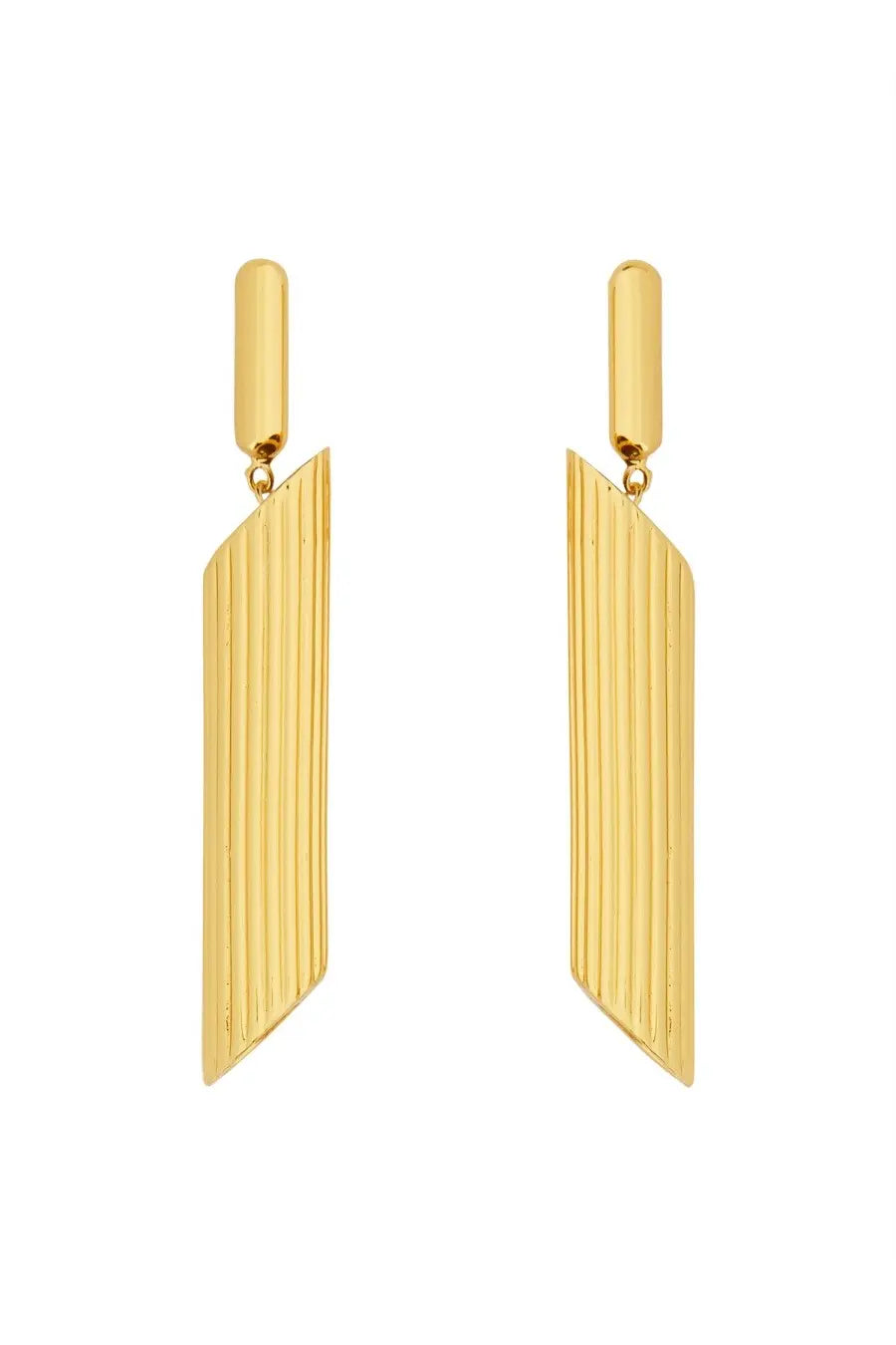Moschino women’s gold-toned rectangular drop earrings with vertical ridged texture and sleek modern design