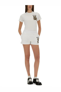 Moschino women’s white cotton t-shirt with embroidered teddy bear logo on the chest for casual wear