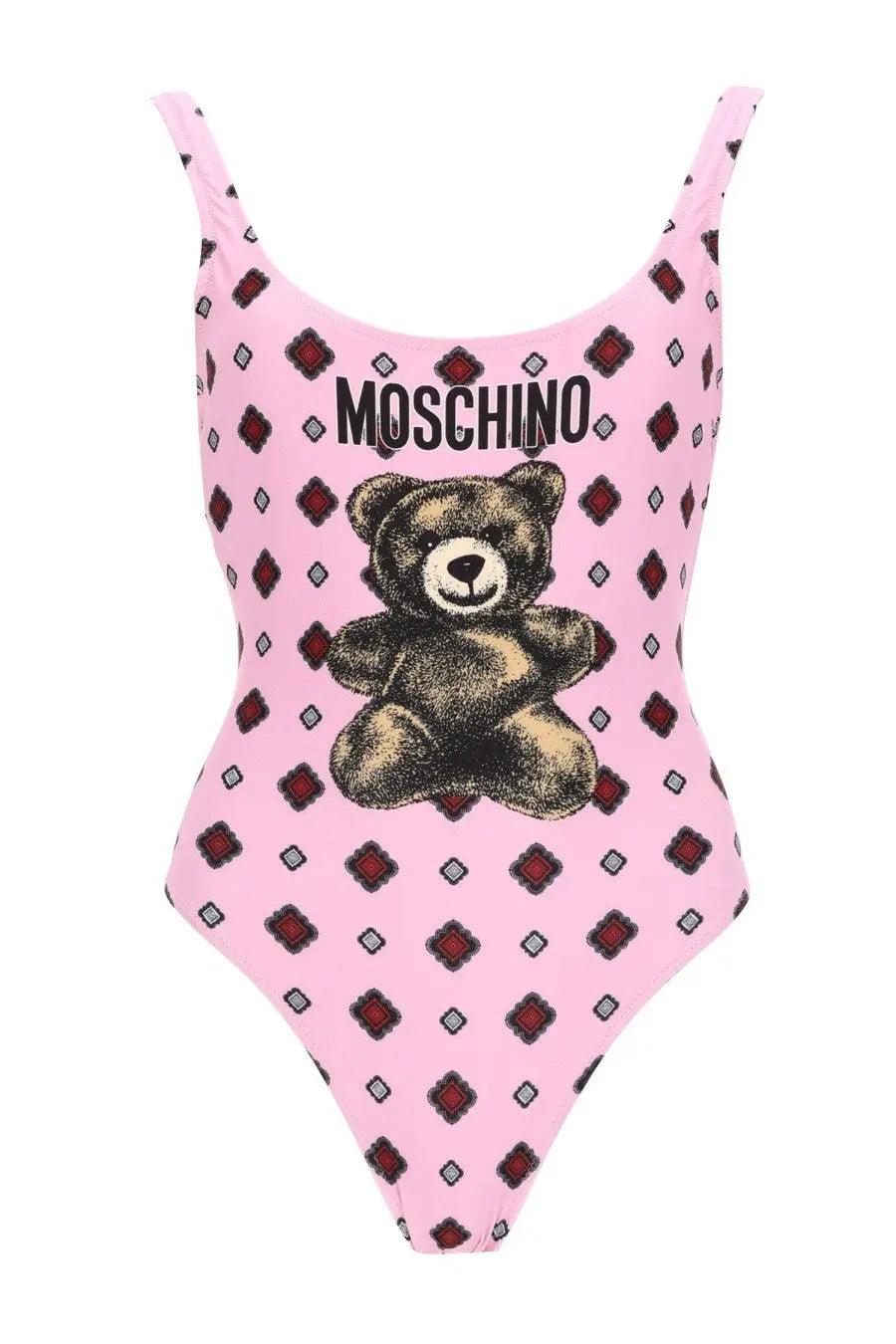 Pink moschino one-piece swimsuit with central teddy bear graphic and repeating diamond pattern for women