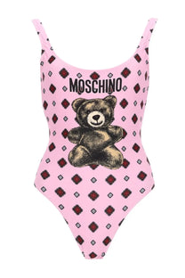 Pink moschino one-piece swimsuit with central teddy bear graphic and repeating diamond pattern for women