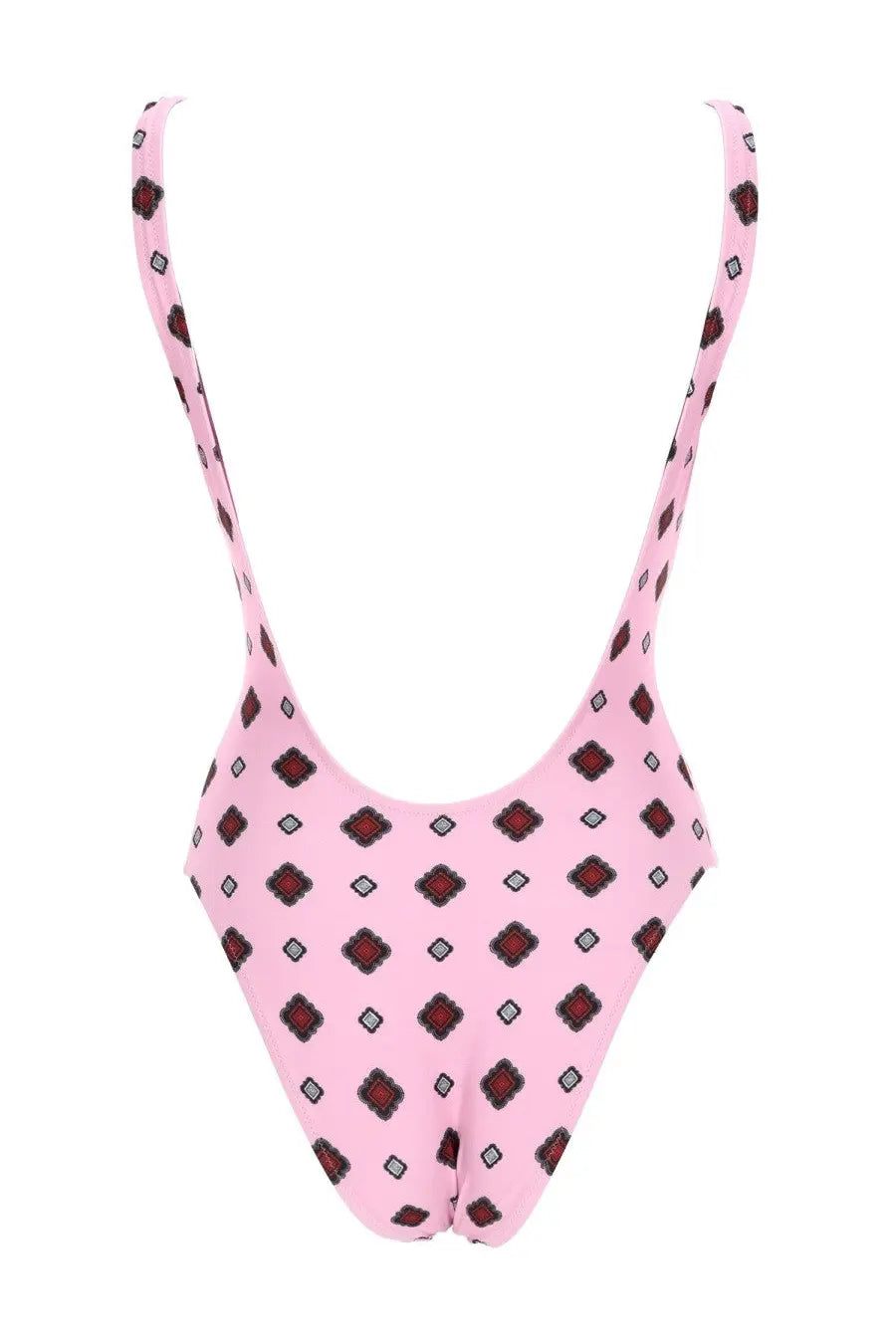 Pink one-piece swimsuit with thin straps and a geometric red black and gray diamond pattern moschino women’s teddy swimsuit