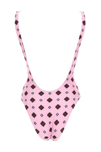 Pink one-piece swimsuit with thin straps and a geometric red black and gray diamond pattern moschino women’s teddy swimsuit