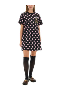 Moschino women’s black polka dots dress with pink dots and teddy bear patch on the chest