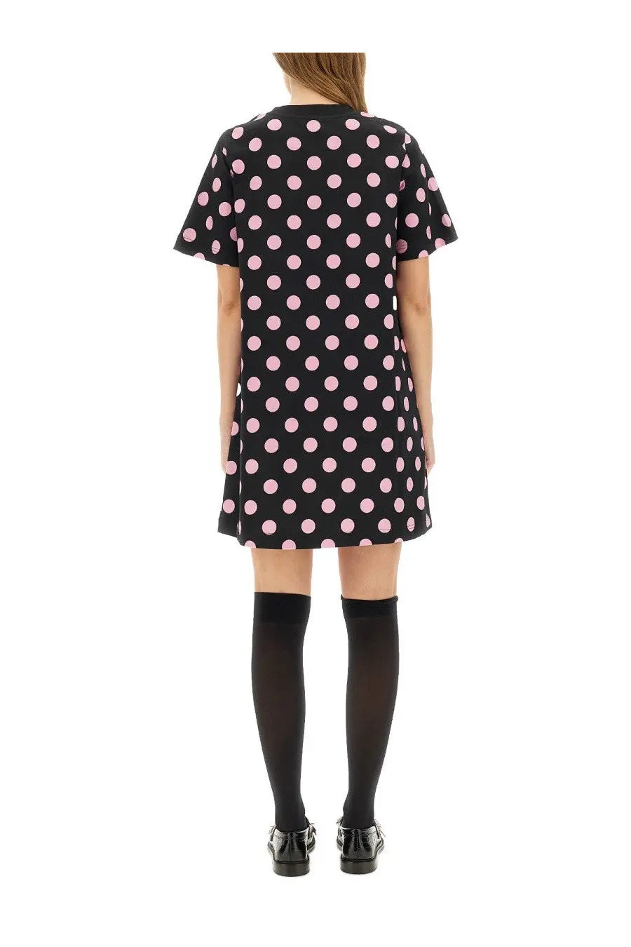 Moschino women’s black short-sleeved teddy dress with pink polka dots featuring soft fabric and playful design