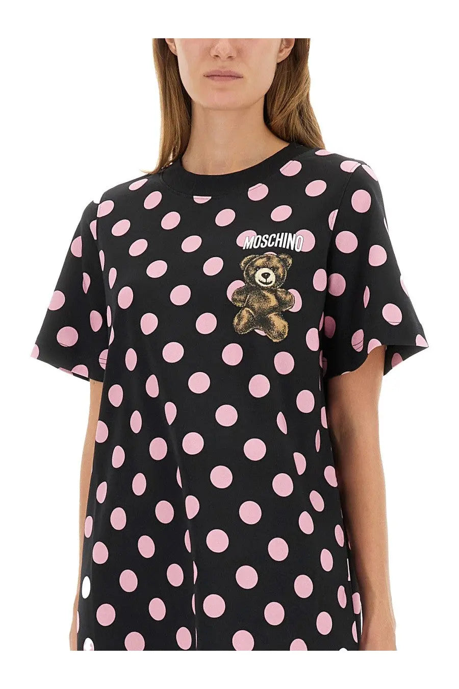 Black moschino women’s t-shirt dress with pink polka dots and brown teddy bear patch on chest