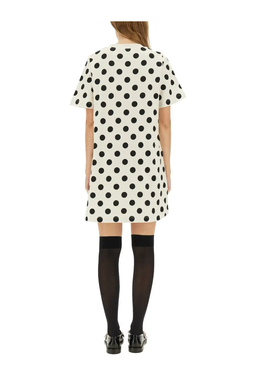 Moschino women’s white dress with black polka dots short sleeves and flared silhouette teddy polka dots dress