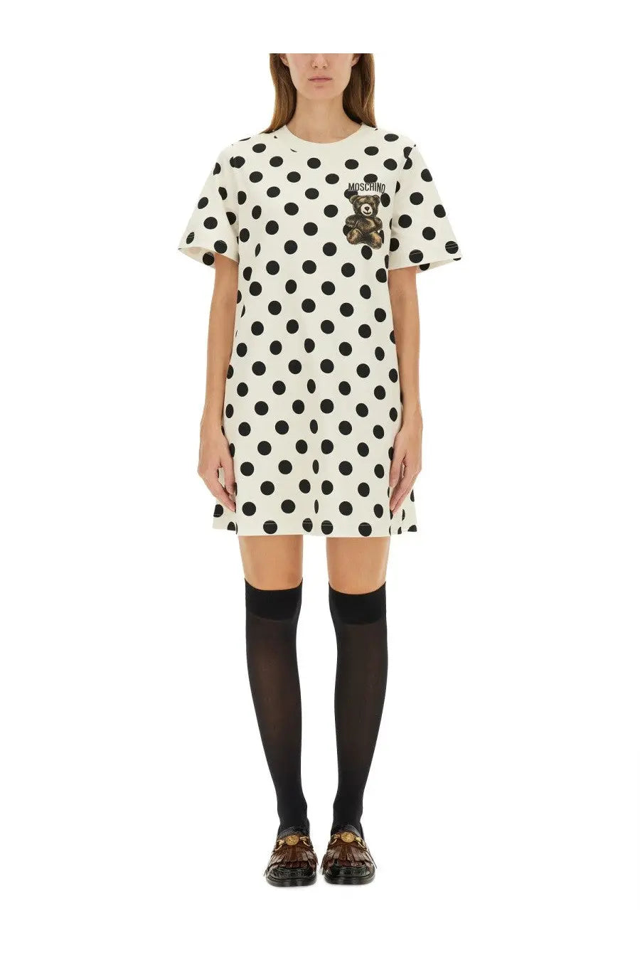 Moschino women’s white teddy dress with black polka dots and embroidered chest patch in comfortable fabric