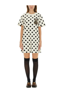Moschino women’s white teddy dress with black polka dots and embroidered chest patch in comfortable fabric