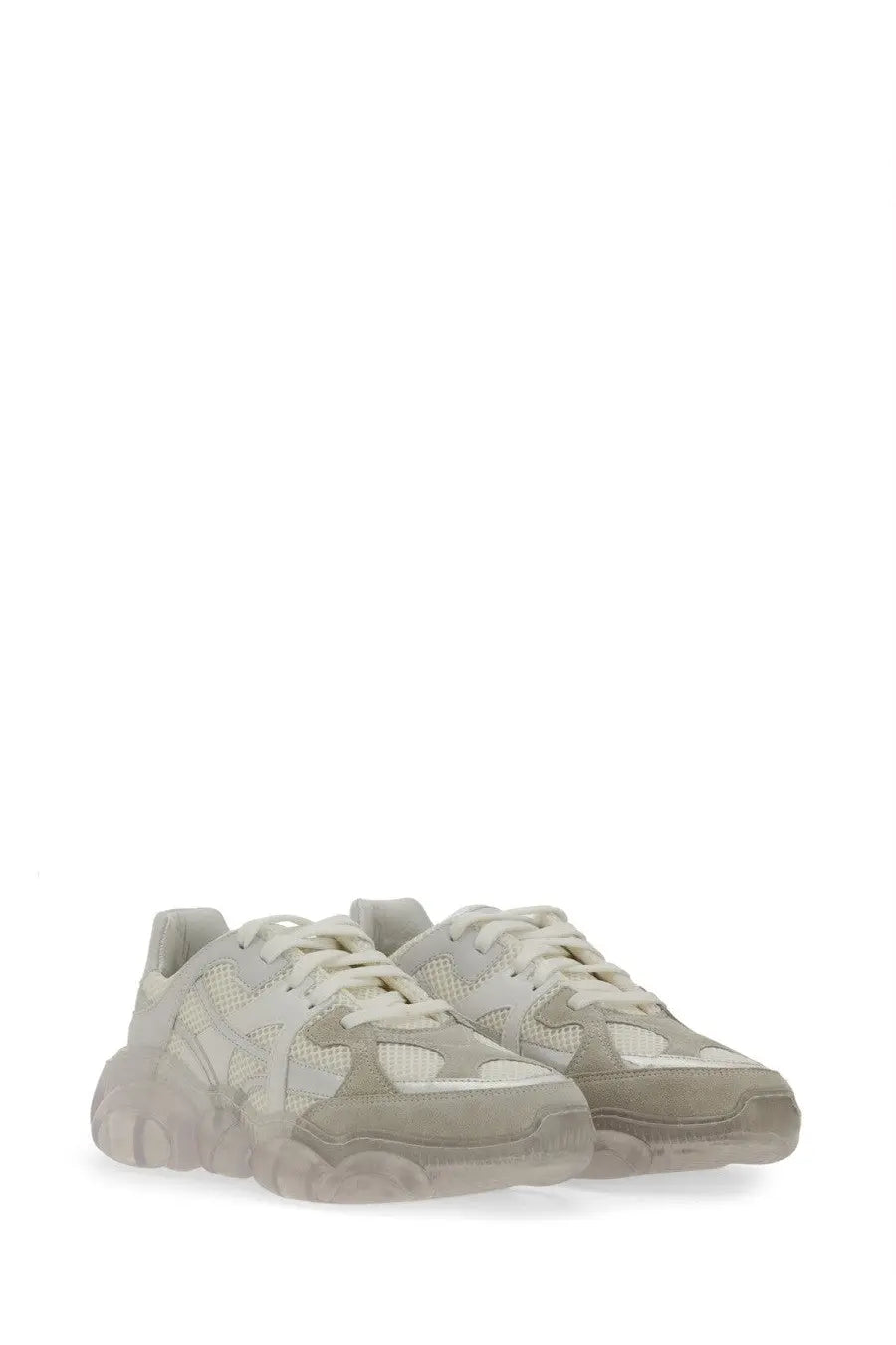 Moschino women’s teddy sneaker white with beige and white chunky sole and mesh and suede panels
