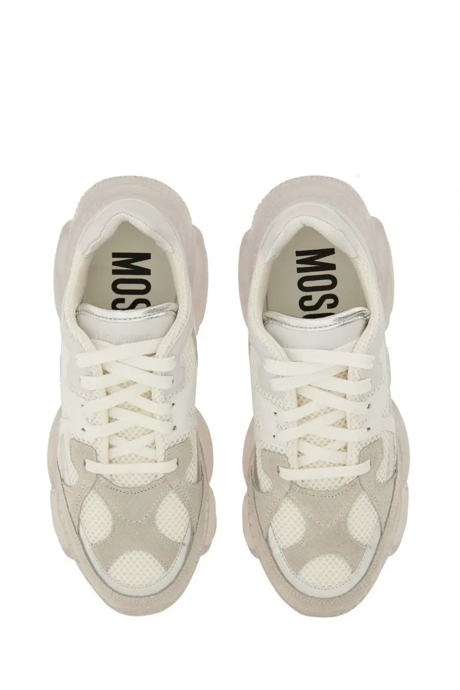 Moschino women’s teddy sneaker white in white and beige with chunky textured sole and breathable mesh panels