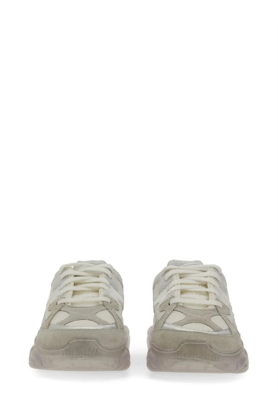 A pair of moschino women’s teddy sneaker white chunky sneakers in off-white and beige with translucent rubber sole